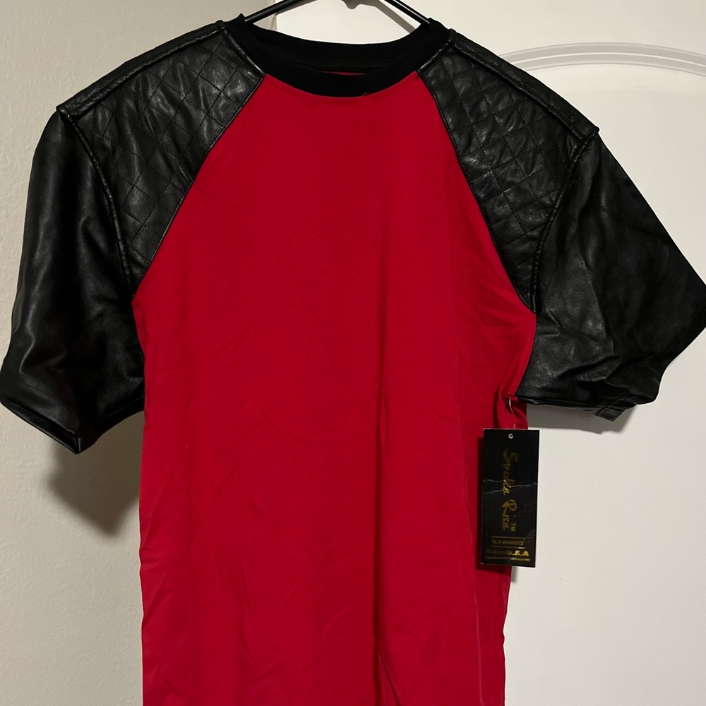 Leather Sleeve T shirt